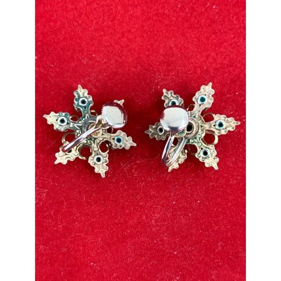 Vintage Antique Earrings Aurora Borealis Clear Snowflake Screw Clasp 1" 1639 - Picture 4 of 6